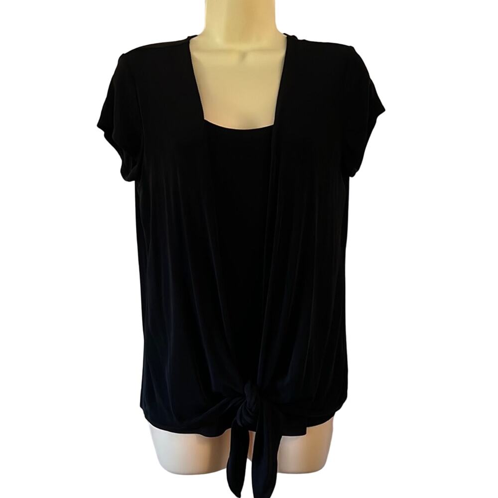 Chico’s Travelers 1 Black Layered Look Slinky Knit Top Blouse Woman Size 8